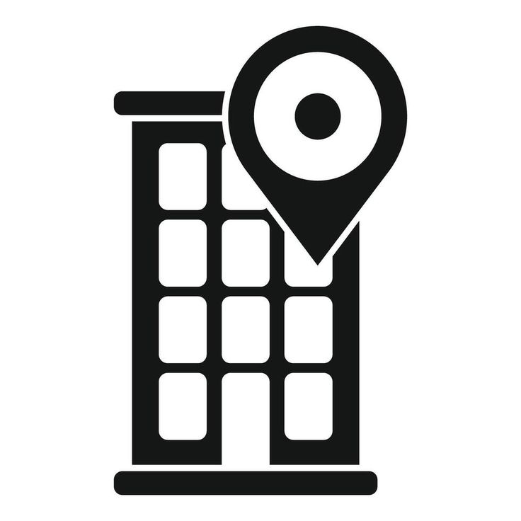 black location pin icon pointing at office building